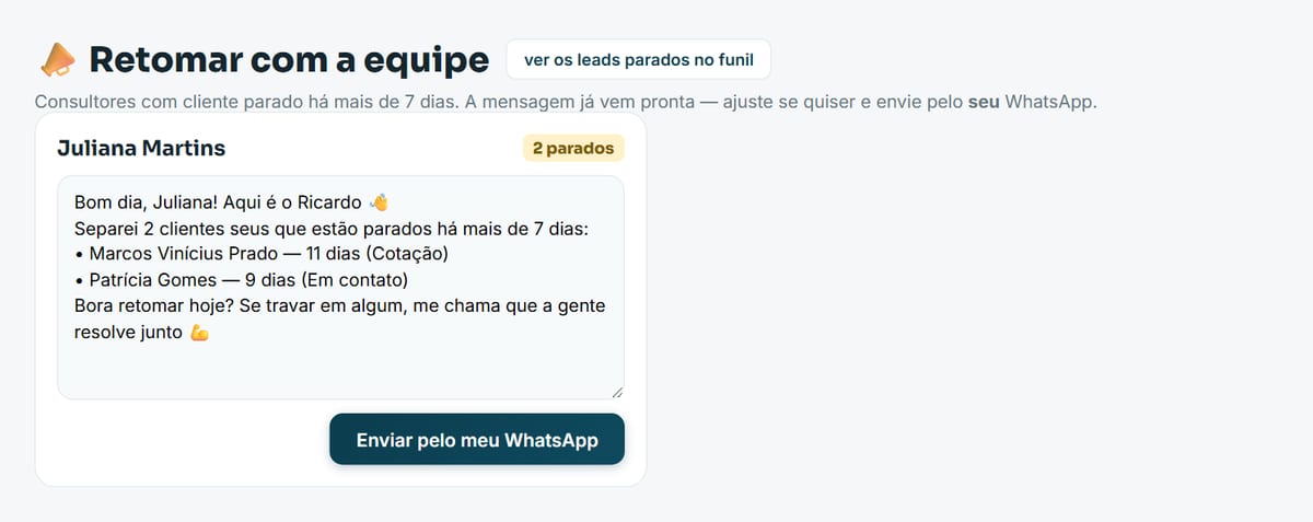 Tela do módulo Retomada de leads no Sentrio, com dados de exemplo